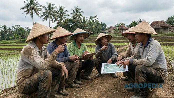 peran-agregator-karbon-pertanian kelompok petani berdiskusi di lahan pertanian dalam konteks proyek karbon kolektif
