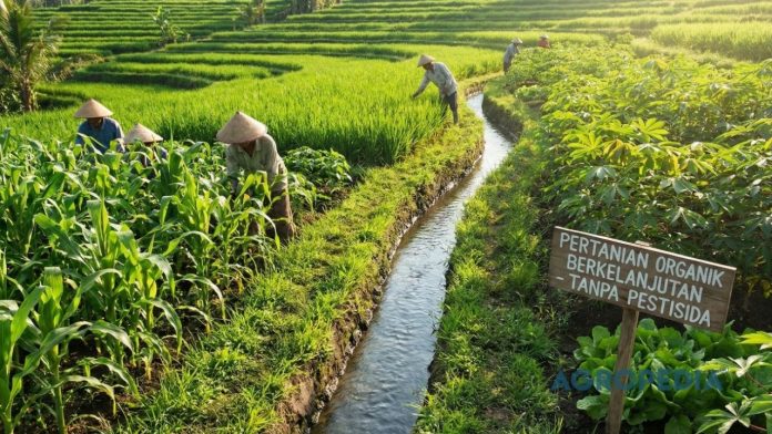 pertanian-penyerap-karbon lahan pertanian hijau dengan tanaman yang menunjukkan proses fotosintesis dan penyimpanan karbon