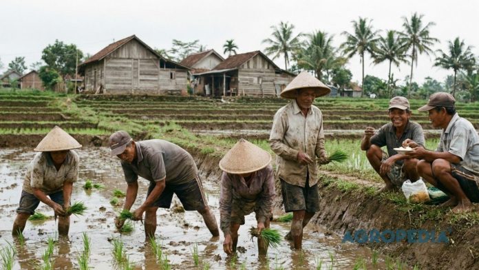 petani-kecil-lingkungan-global petani kecil bekerja di lahan sawah dengan konteks ketimpangan sistem global