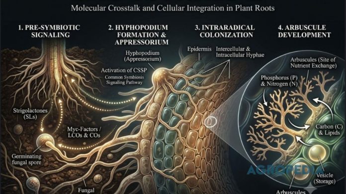 cara-kerja-jamur-mikoriza-simbiosis-mycovir Diagram anatomi molekuler kesepakatan bawah tanah simbiosis jamur mikoriza arbuskula (AM) dan proses kolonisasi akar tanaman.